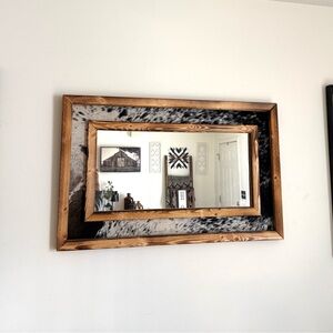 Rustic Wood and Cowhide Accent Wall Mirror - Brown & Black